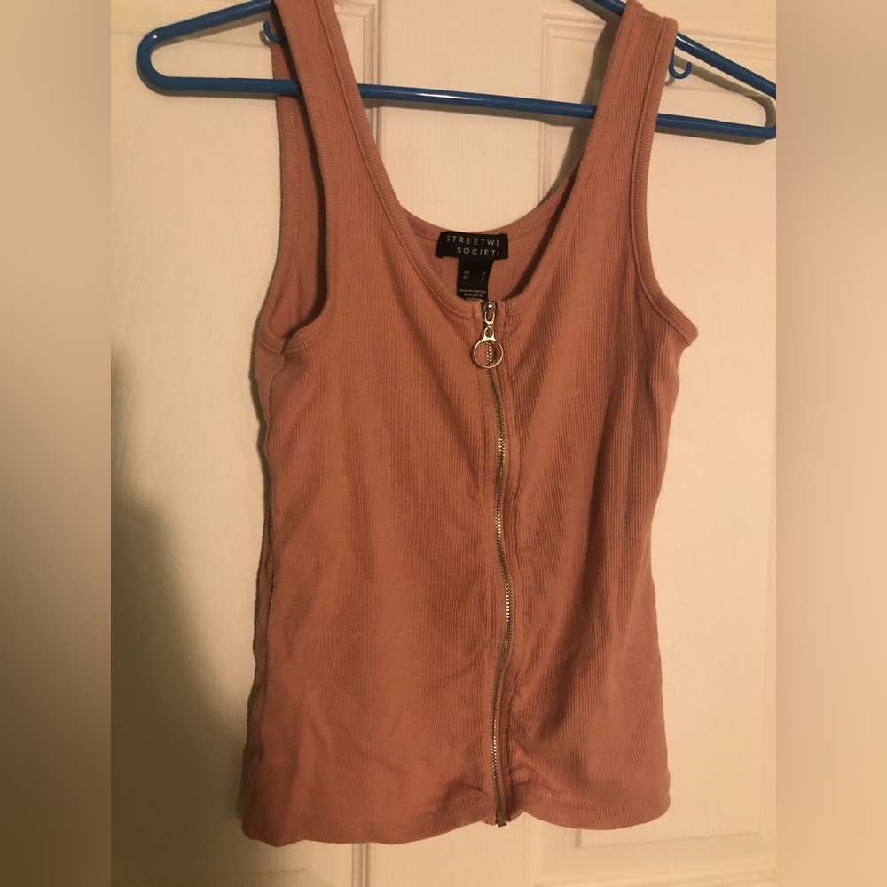 Streetwear Society Full Zip Up Light Pink Ribbed Sleeveless Summer Tank Top